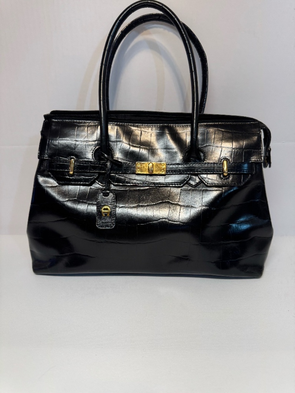 Aigner Black Croc Embossed Satchel Handbag Gold Hardware